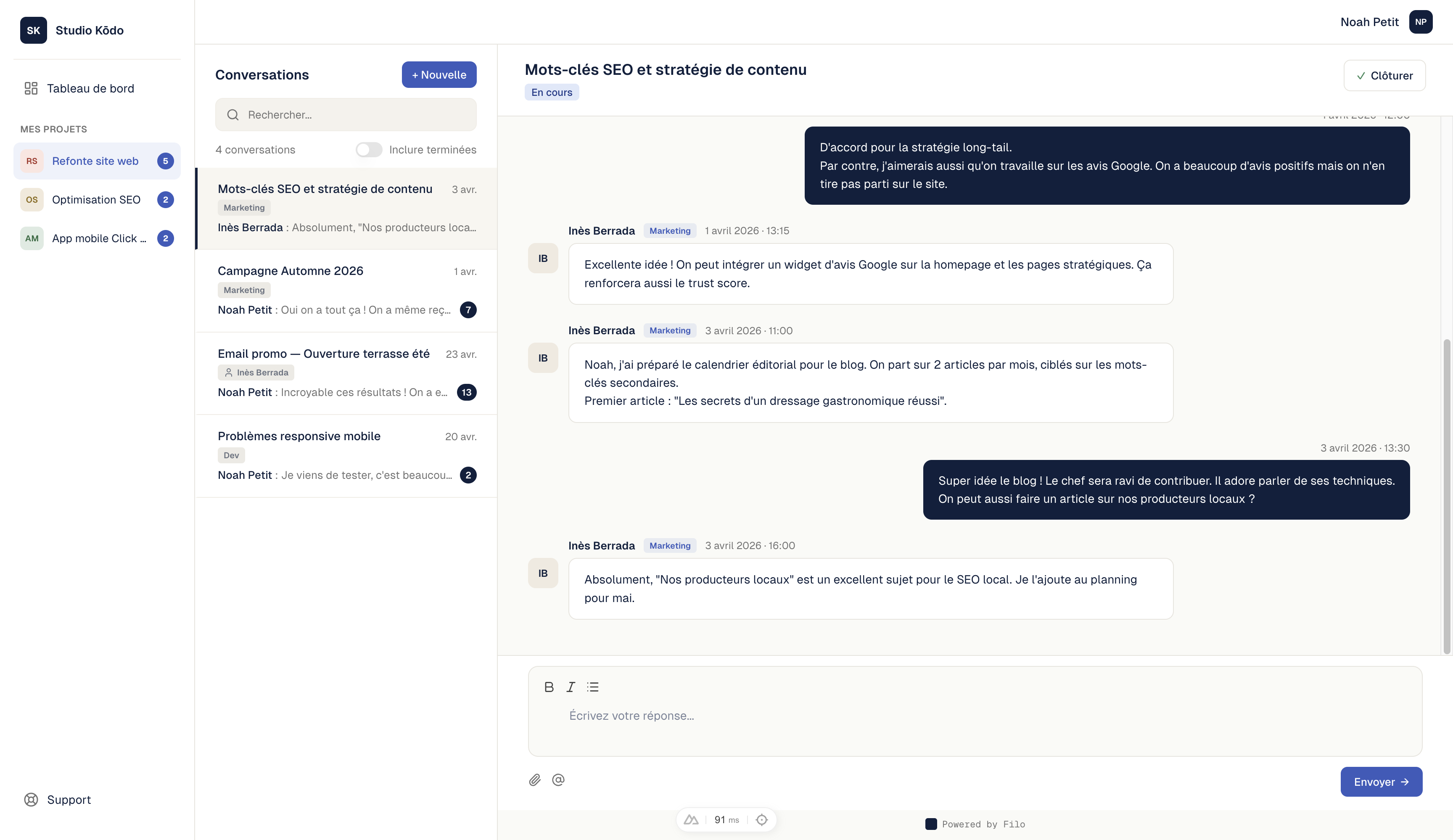 Espace client Filo — portail personnalisé avec liste des projets, barres de progression et statuts