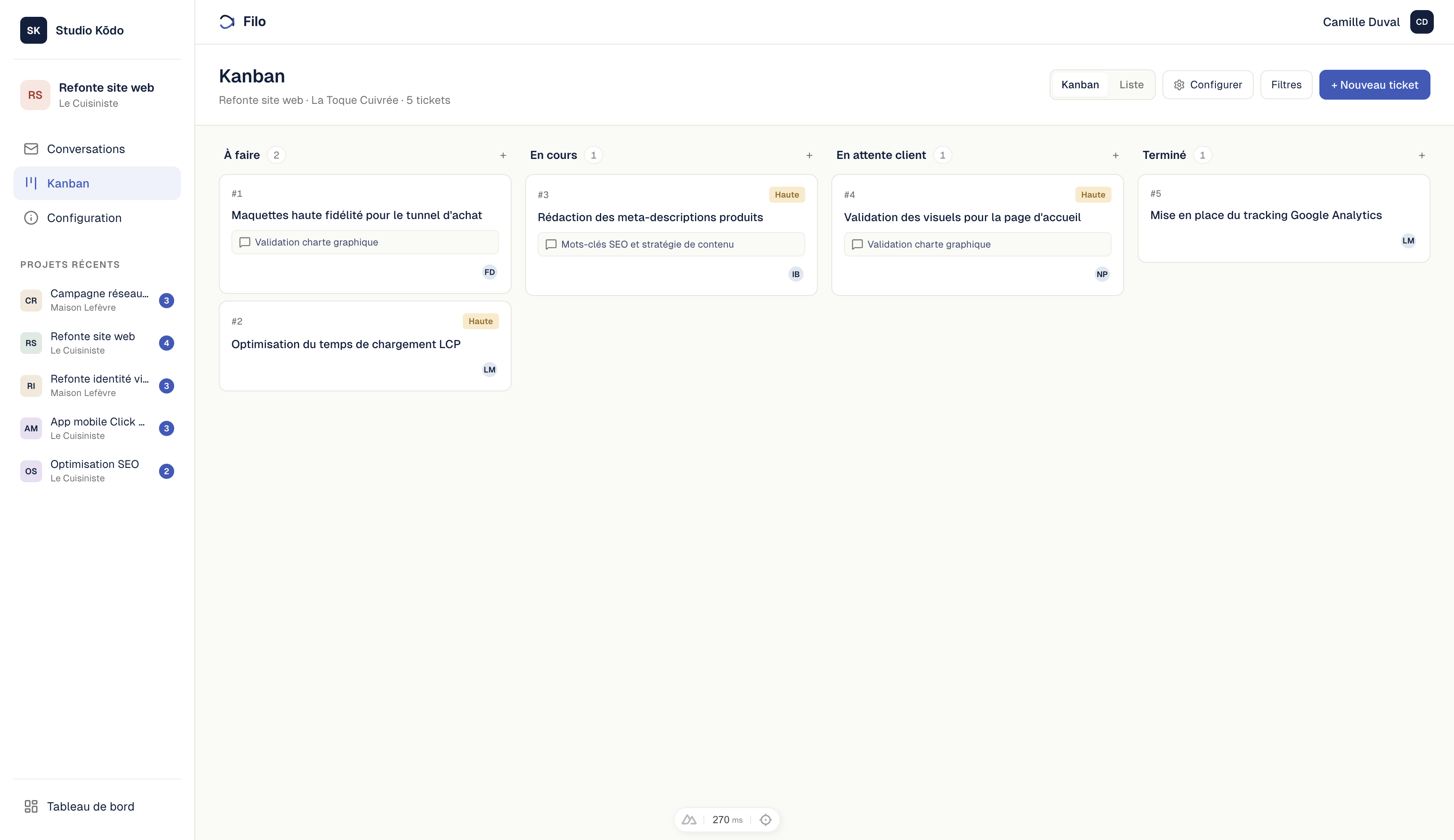 Vue Kanban Filo — colonnes À faire, En cours et Livré avec tickets, priorités et lien vers la conversation d'origine