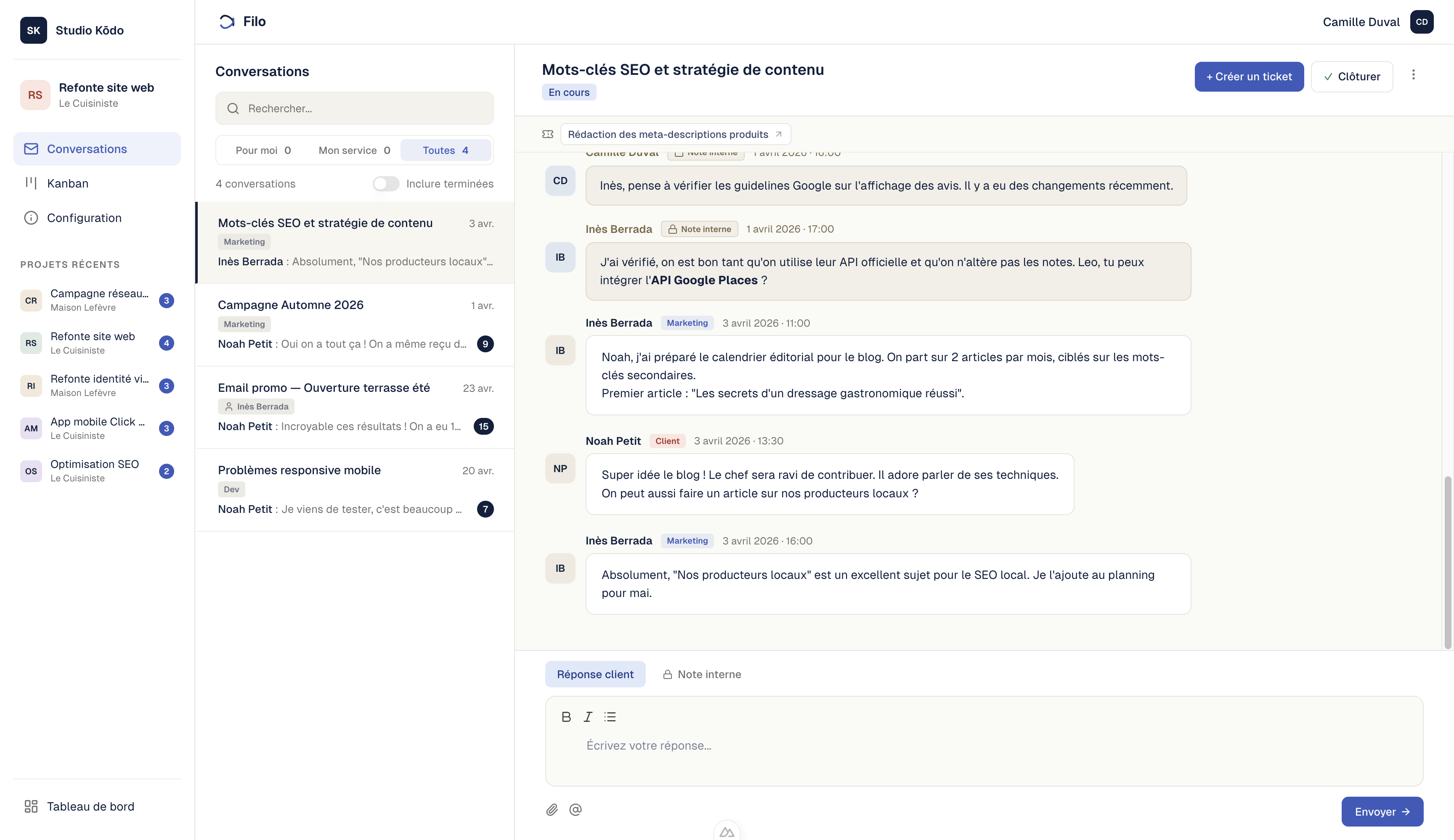 Conversation projet dans Filo — message client, note interne verrouillée avec mention @, et réponse de l'équipe